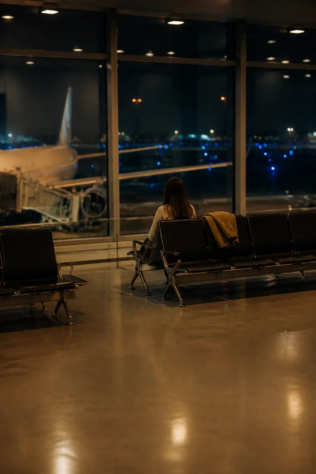 The airport late at night, a lone traveller sitting in an empty row of seats by the window, planes lit up outside