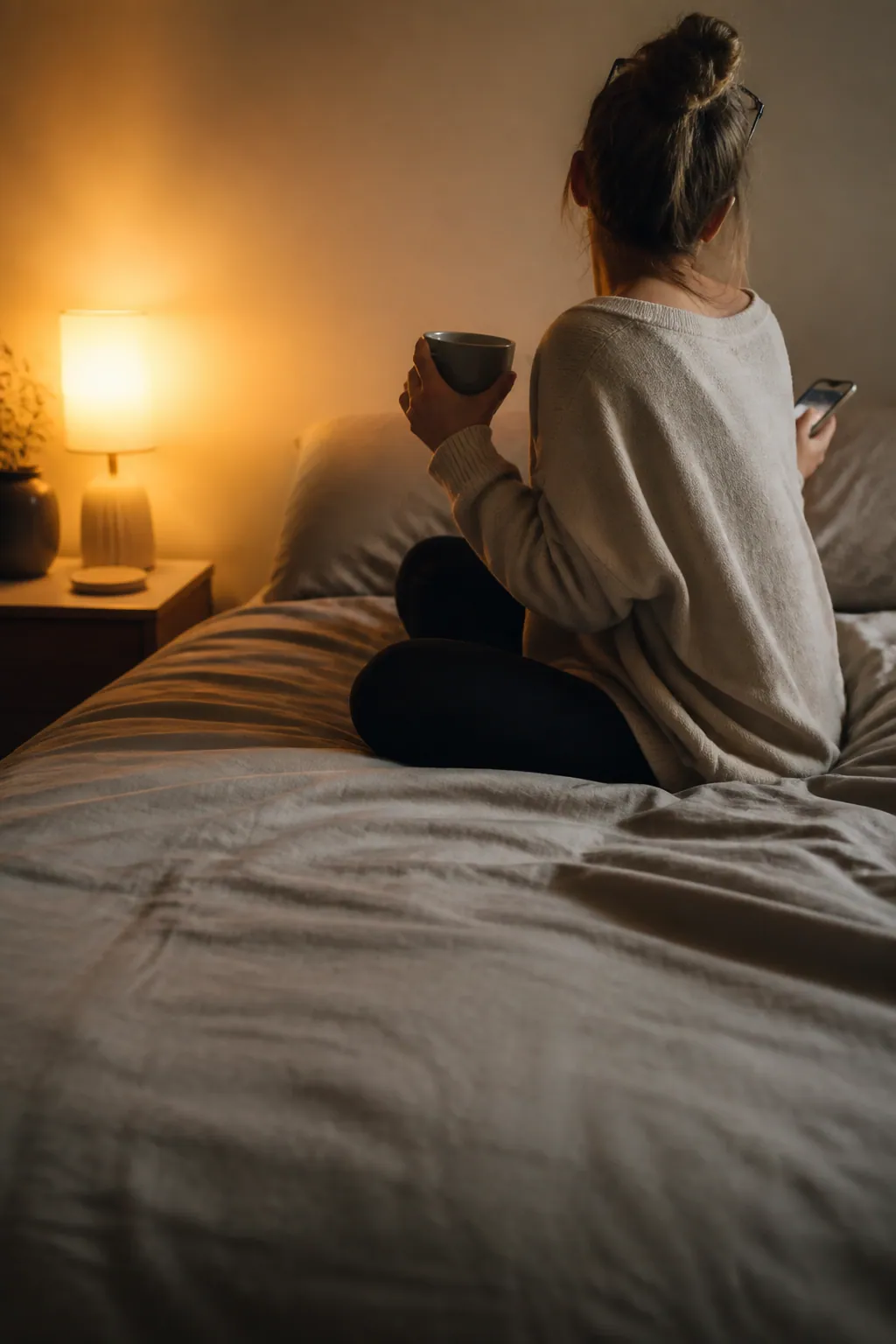 A woman sitting on her bed at night with a mug of tea, reading her phone by lamplight, seen from behind