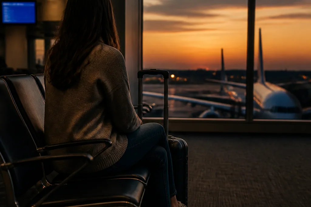 A woman seen from behind, waiting at an airport gate with her suitcase as the sun sets over the planes