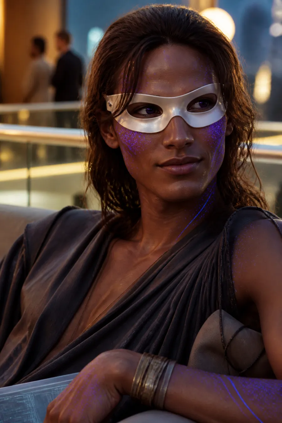 A luminous masked station resident relaxing above the concourse