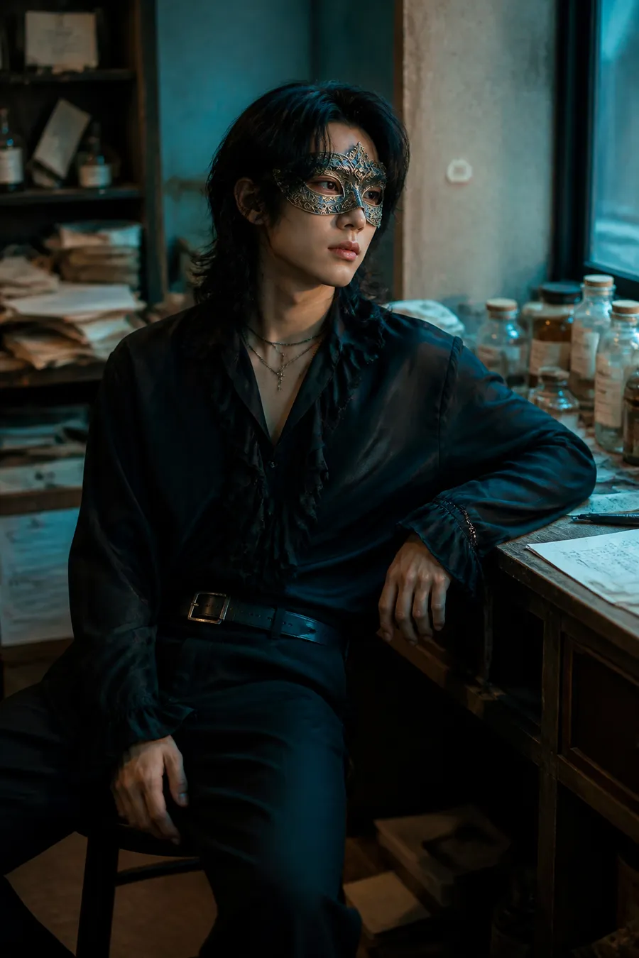 A masked character in black inside a blue-lit creative workspace