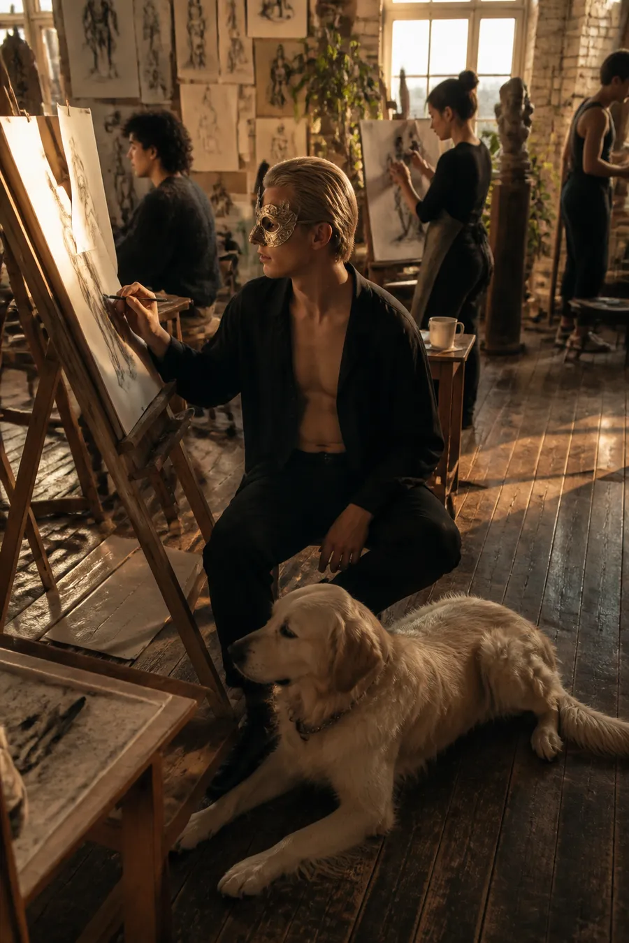 A masked artist sketching in a warm, crowded studio