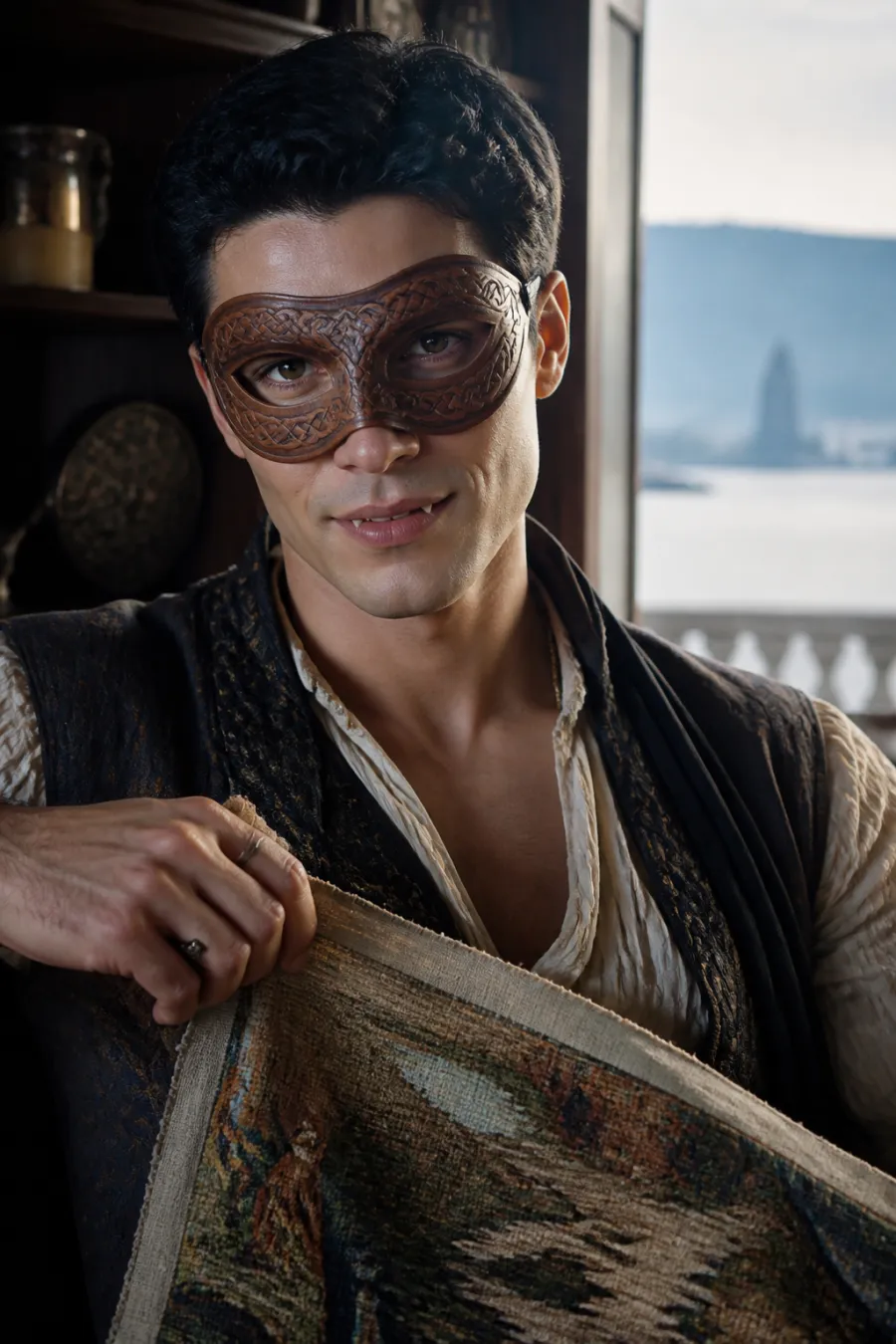 A masked vampire holding an unfinished tapestry above the misty mere
