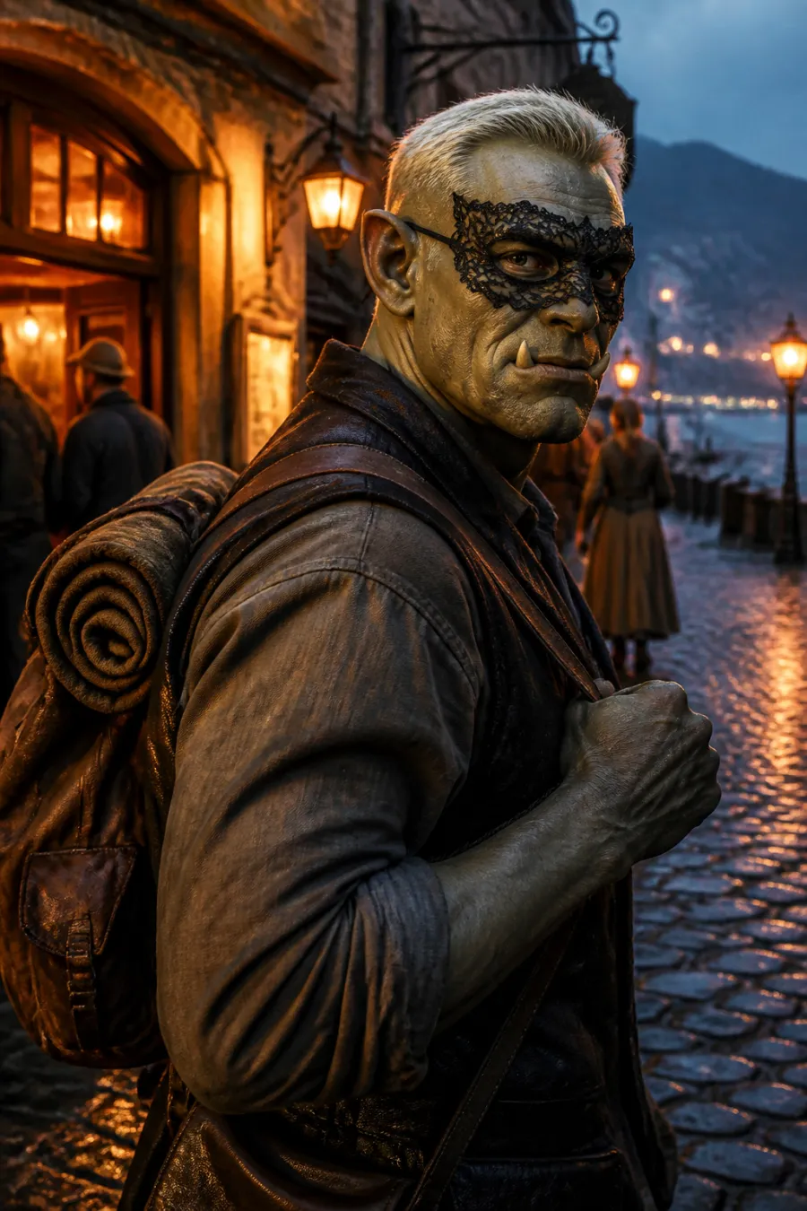 A masked orc arriving on a lantern-lit waterfront